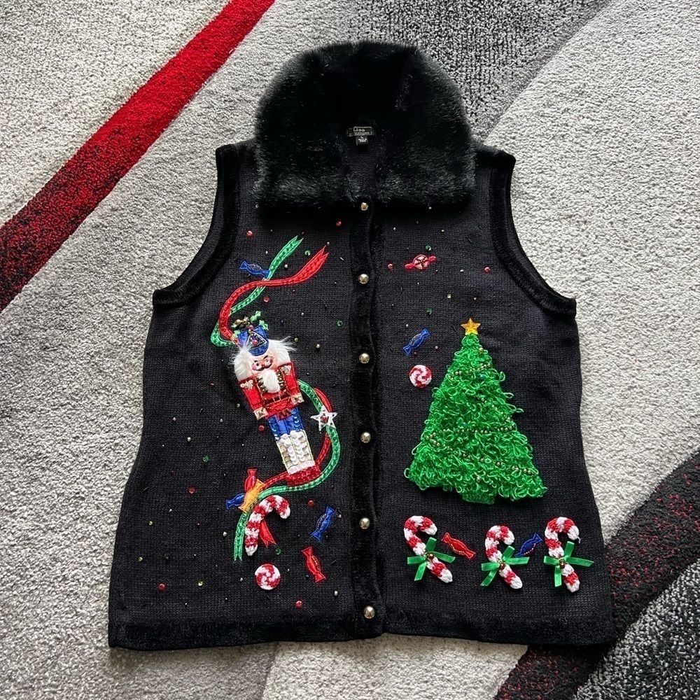 Lisa International Christmas Themed Faux Fur Collar Sweater Vest
